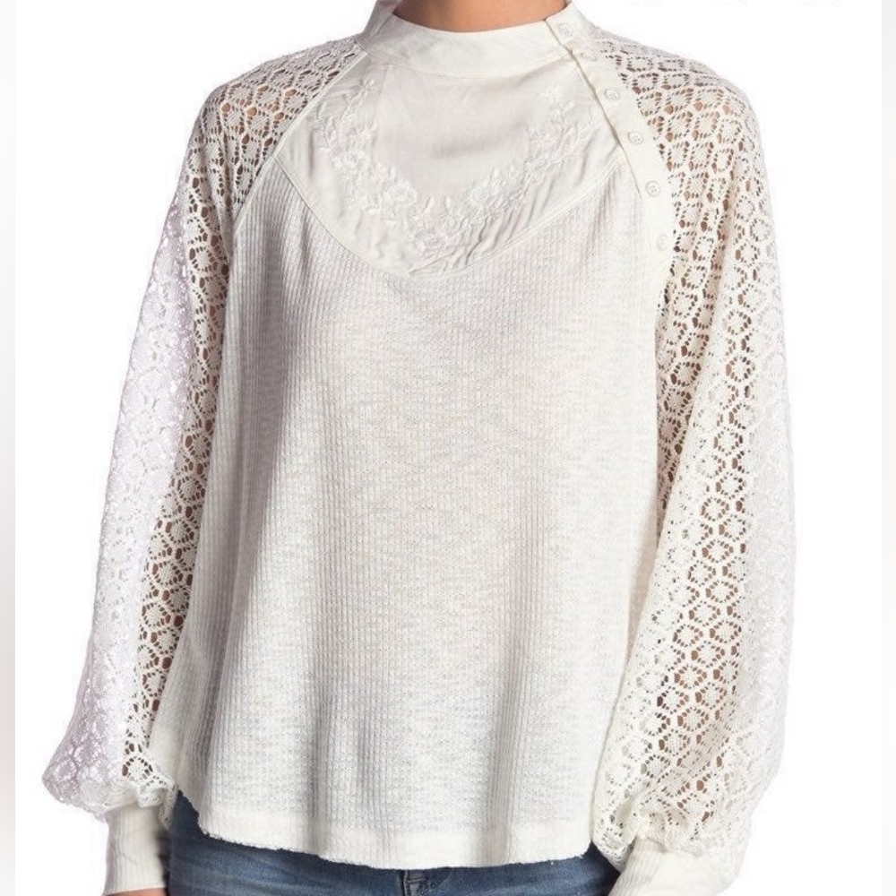 Free People NWT Sweetest Thing Floral Lace Ivory Embroidered Thermal Crochet S